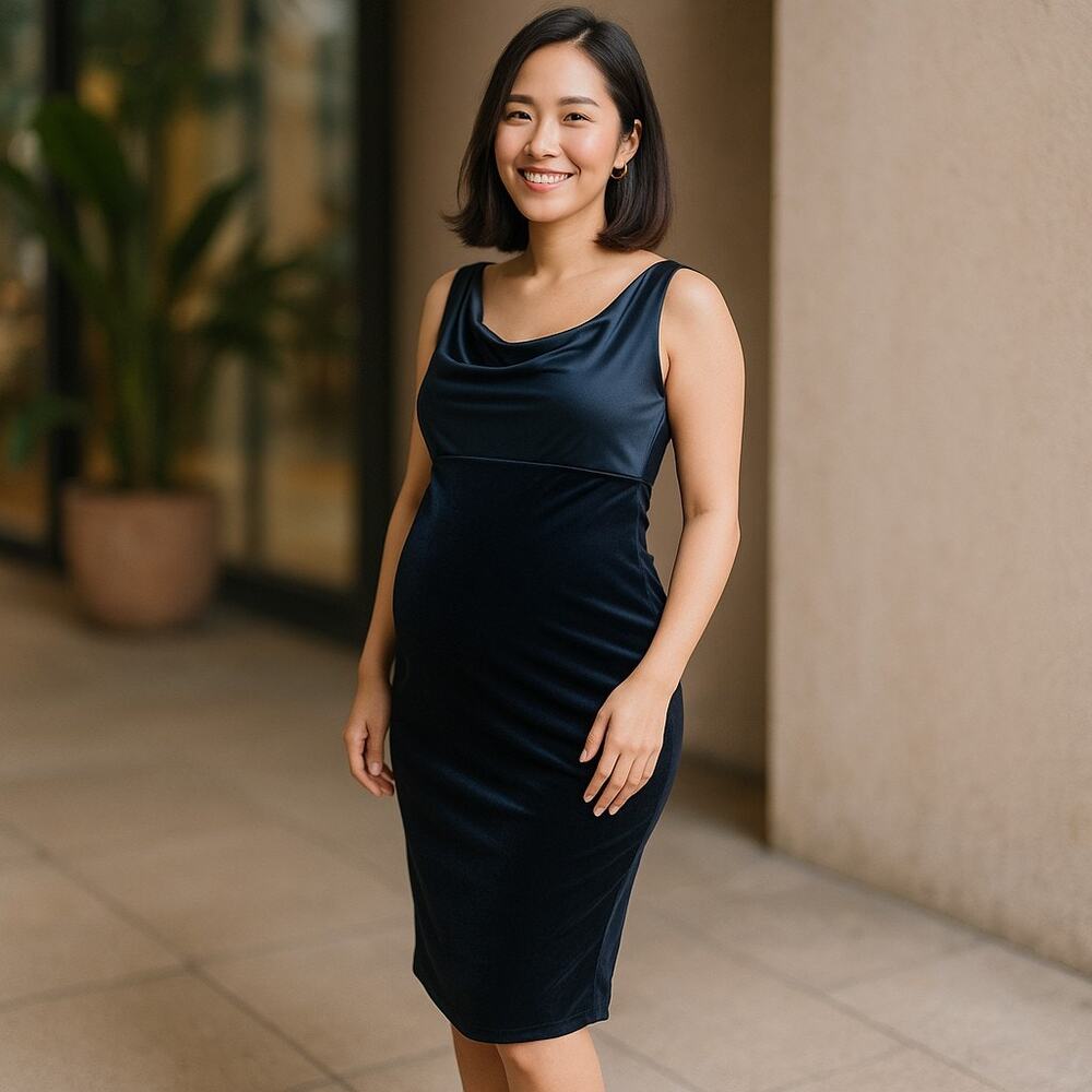 Motherhood Womens Dress Size Medium Maternity Black Velour Sheath Formal Elegant